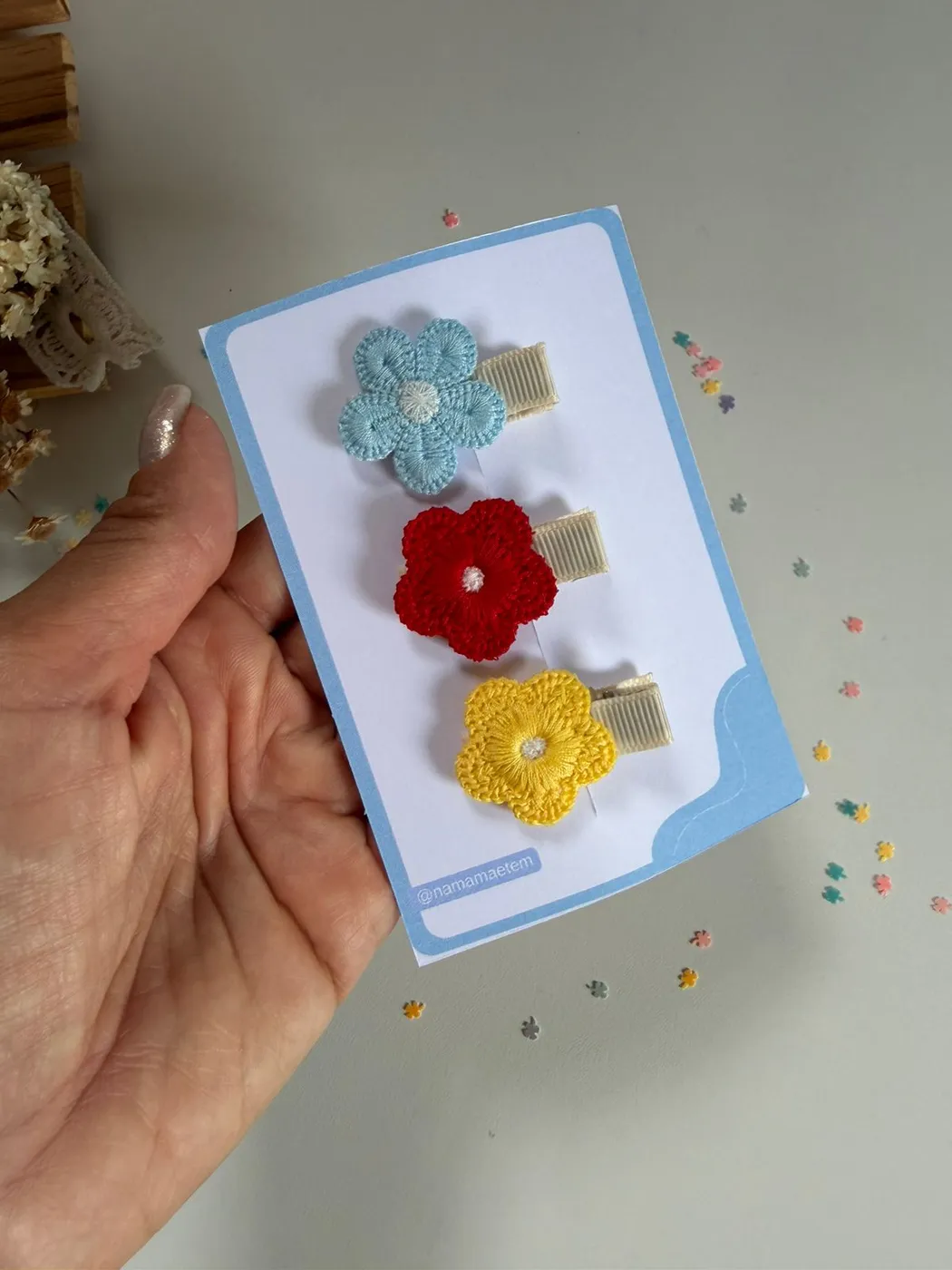 Kit Baby Clips Flor Azul Vermelho e Amarelo
