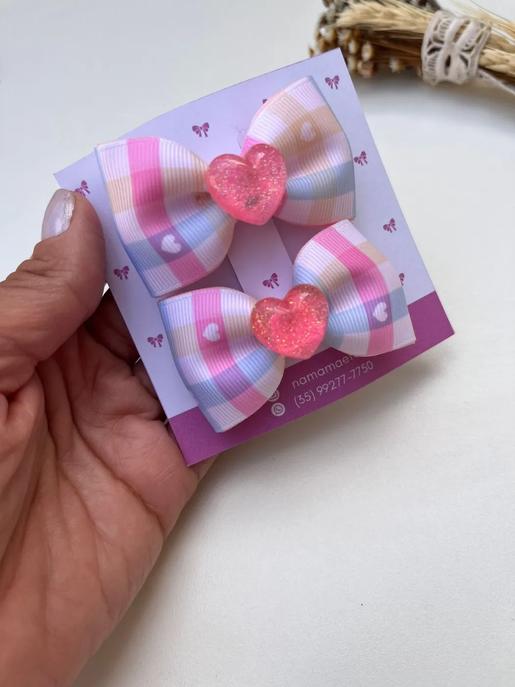 Parzinho Laço Listrado Rosa com Coração