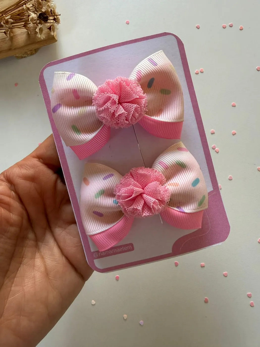 Parzinho Laço Rosa Granulado com Pompom