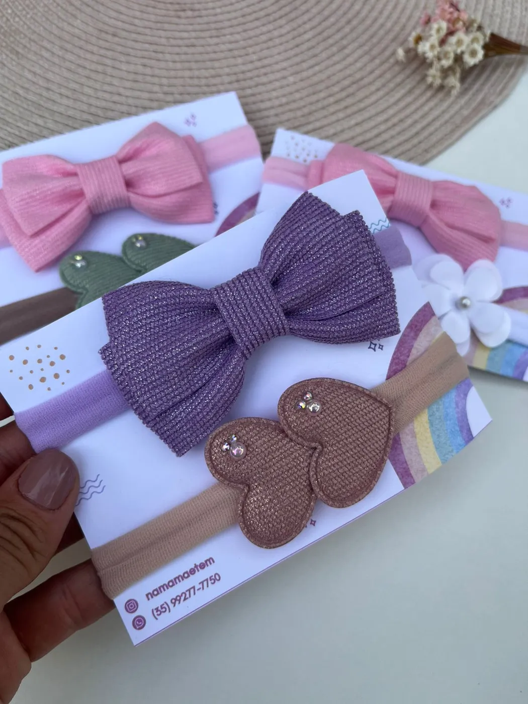 Faixinha de Bebê Laço Lilás com Corações Marrom