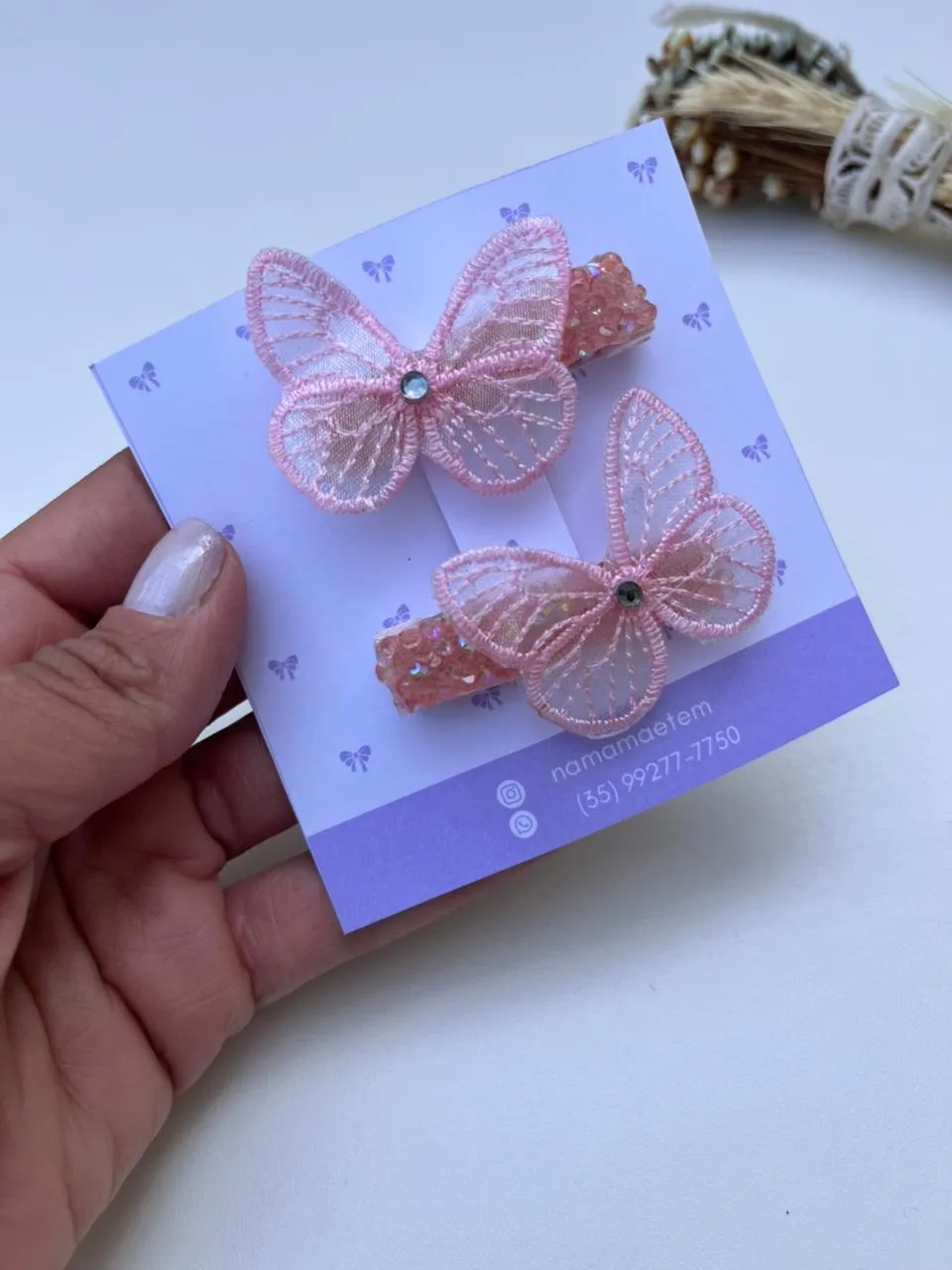 Parzinho Borboleta Renda Rosa com Glitter