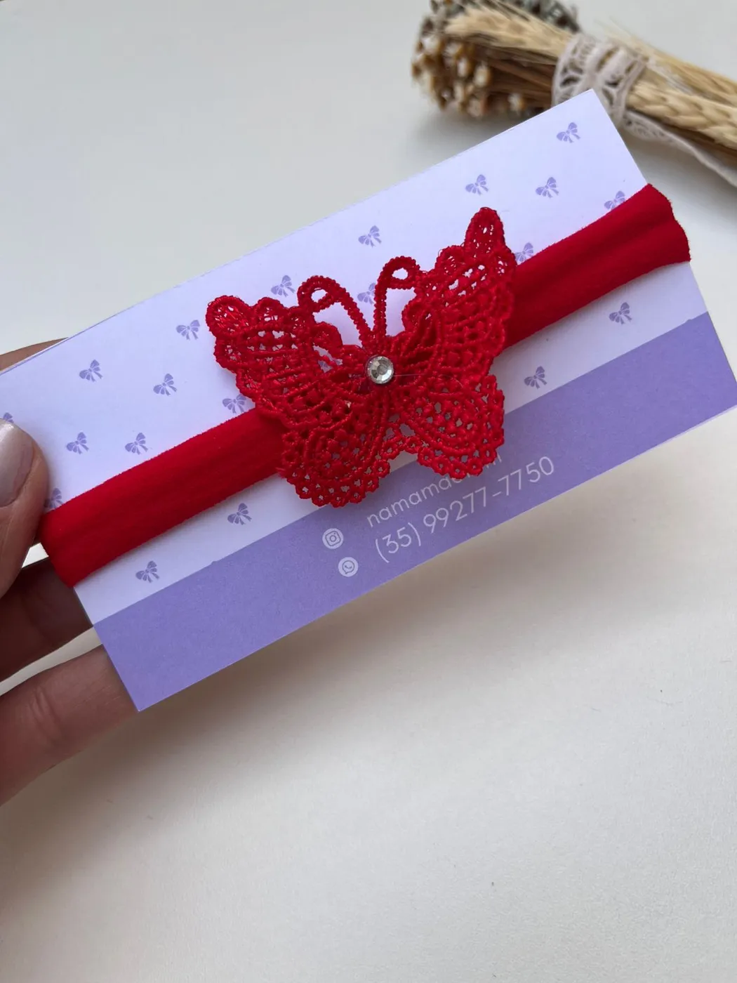 Faixinha de Bebê Borboleta Renda Vermelha com Strass