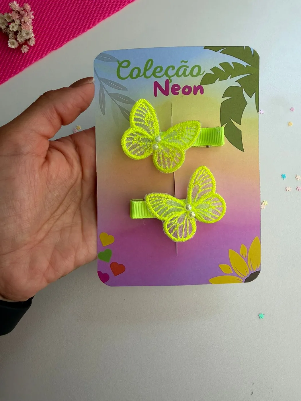 Parzinho Hairclip Borboleta Amarelo Neon