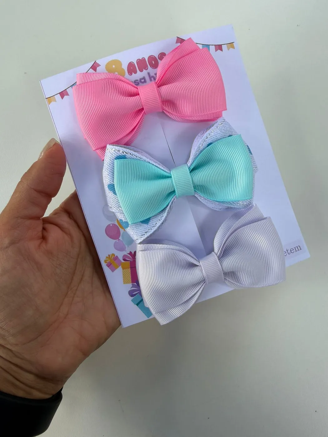 Trio de Laços Rosa Azul Bebê e Lilás Claro