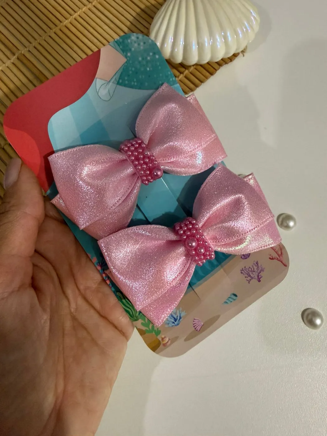 Parzinho Laço Sereia Rosa com Pérolas