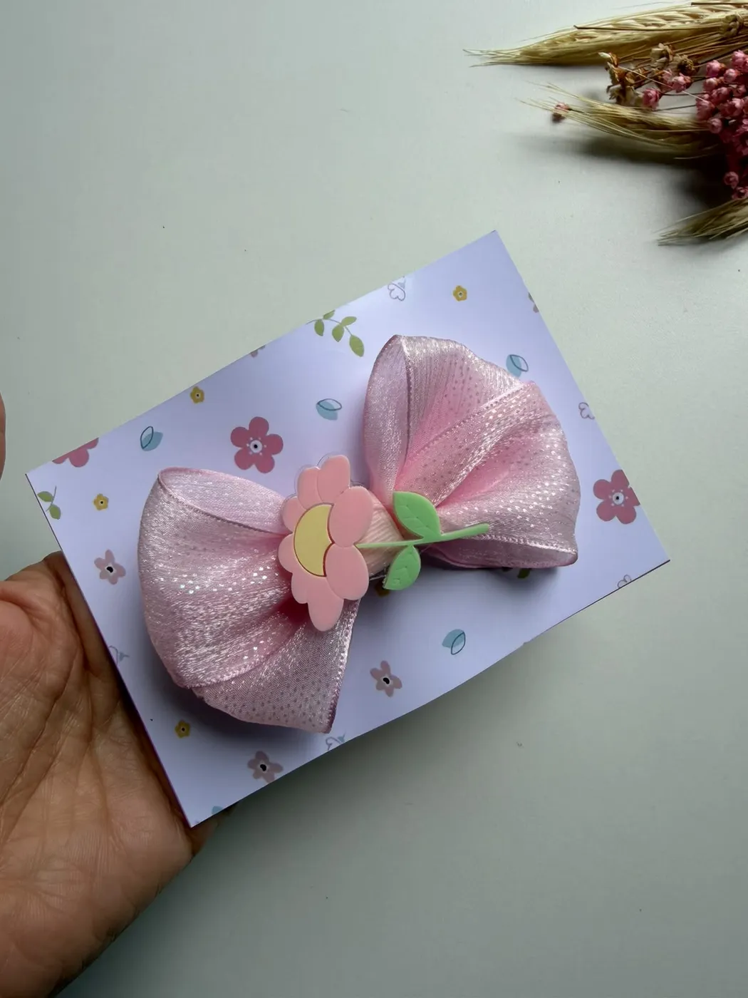 Laço Organza Flor e Folhinha Rosa