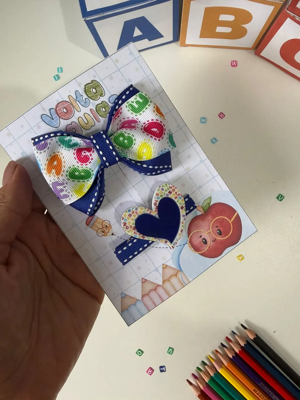 Kit Laço Estampado e Hairclip Coração Marinho