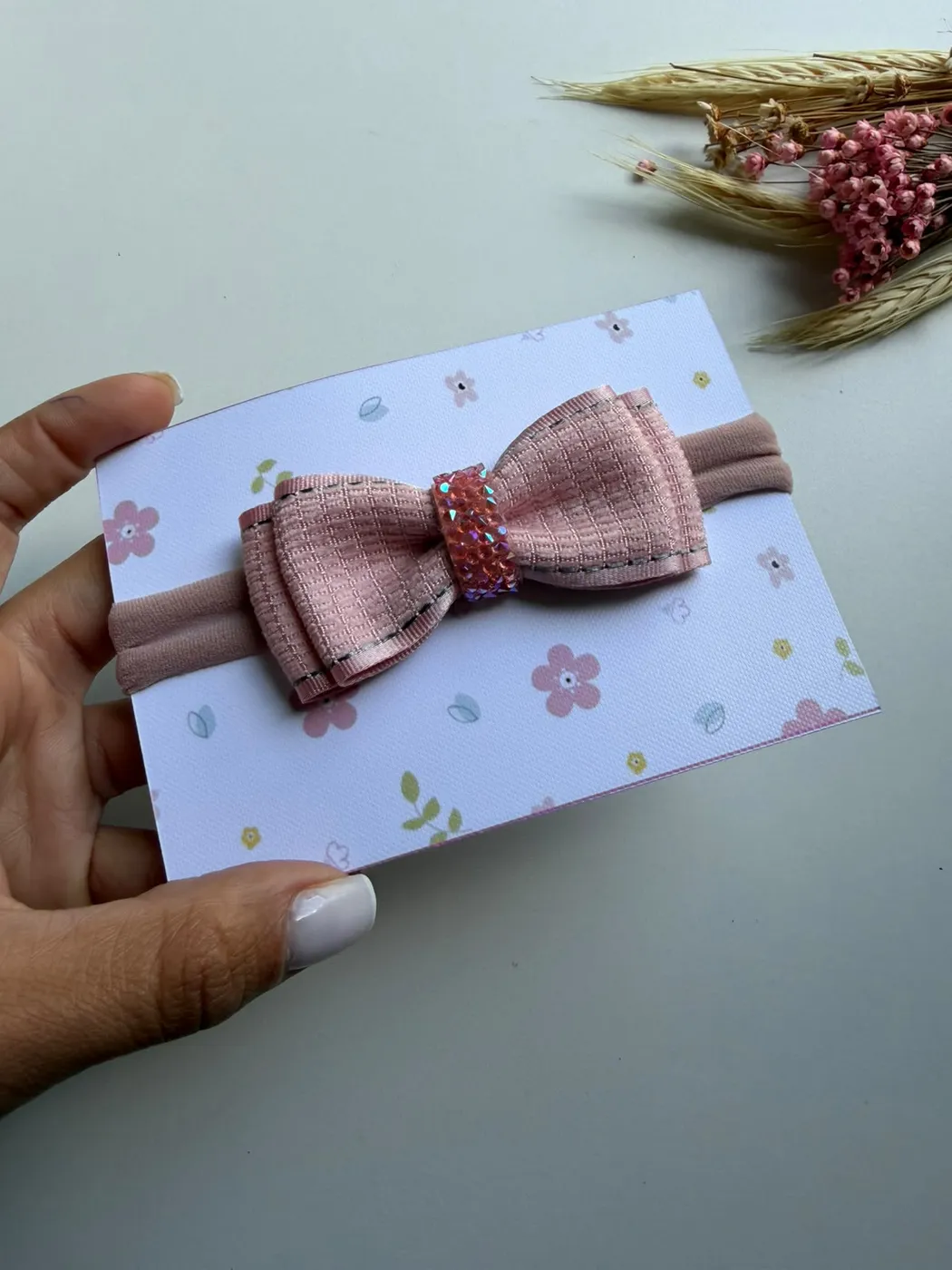 Faixinha de Bebê Laço Rosa Antigo com Glitter