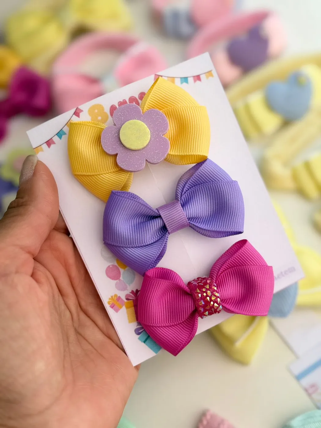 Trio de Laços Amarelo Flor Lilás e Pink Pérola