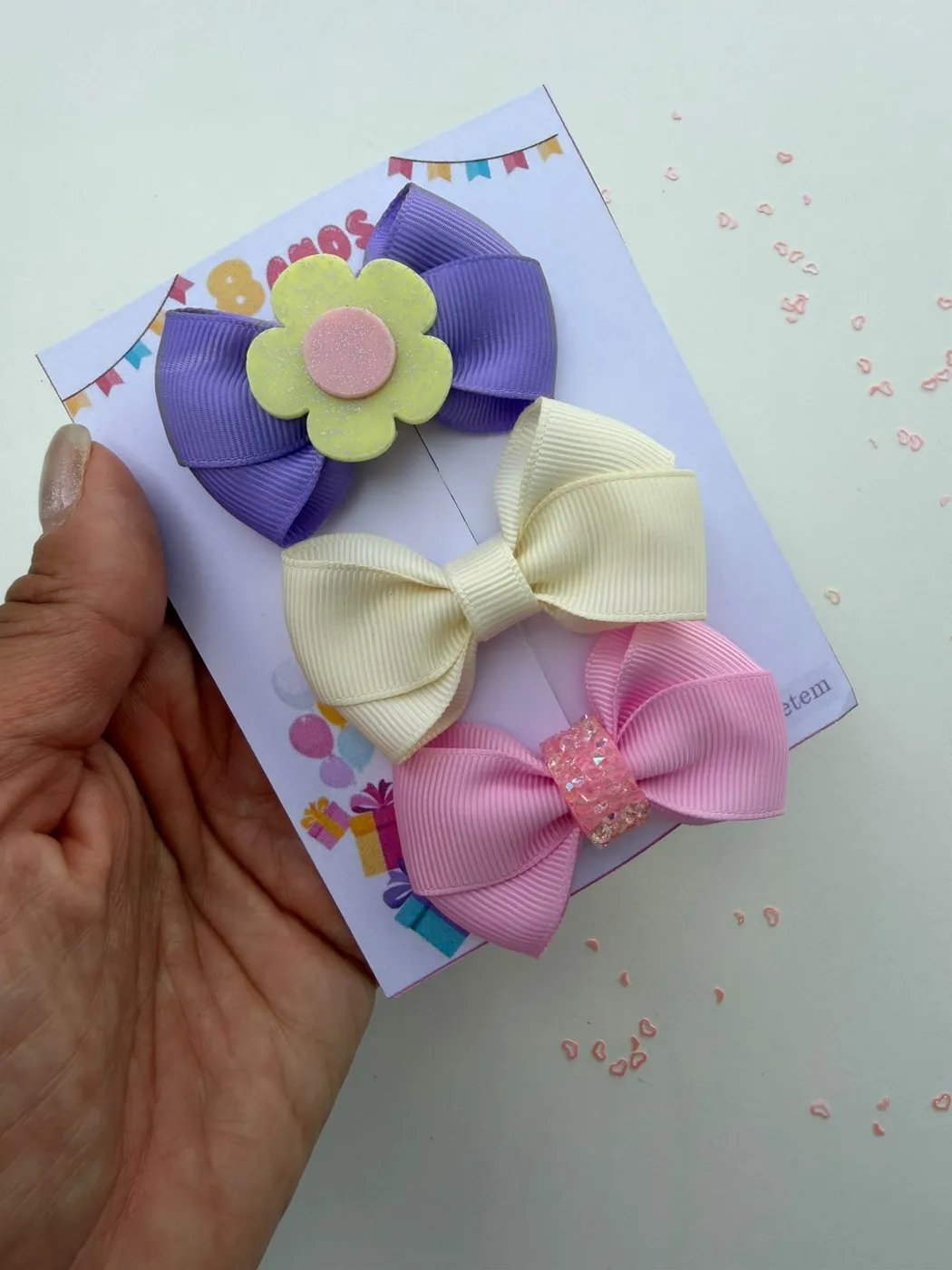 Trio de Laços Lilás Flor Creme e Rosa Glitter