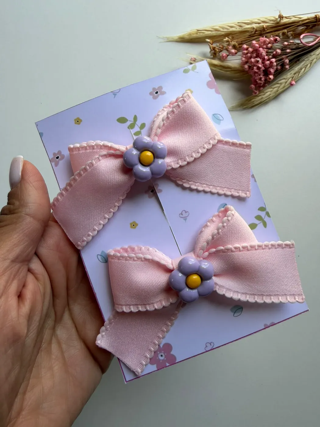 Parzinho Laço Rosa Bebê com Florzinha Lilás
