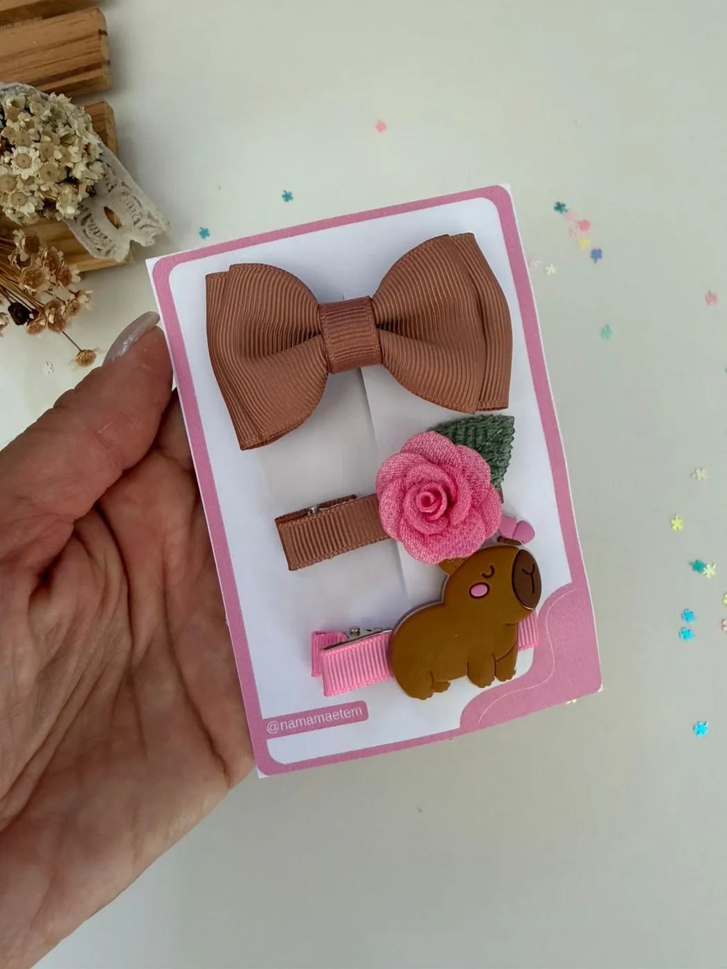 Kit Laço Marrom e Hairclips Flor e Cavalinho
