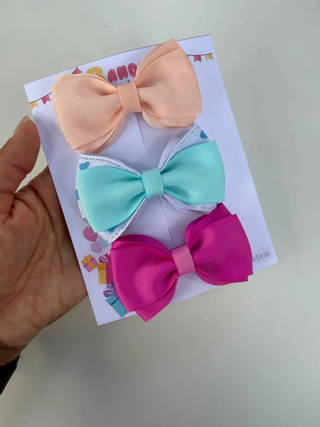 Trio de Laços Pêssego Azul Tiffany e Pink