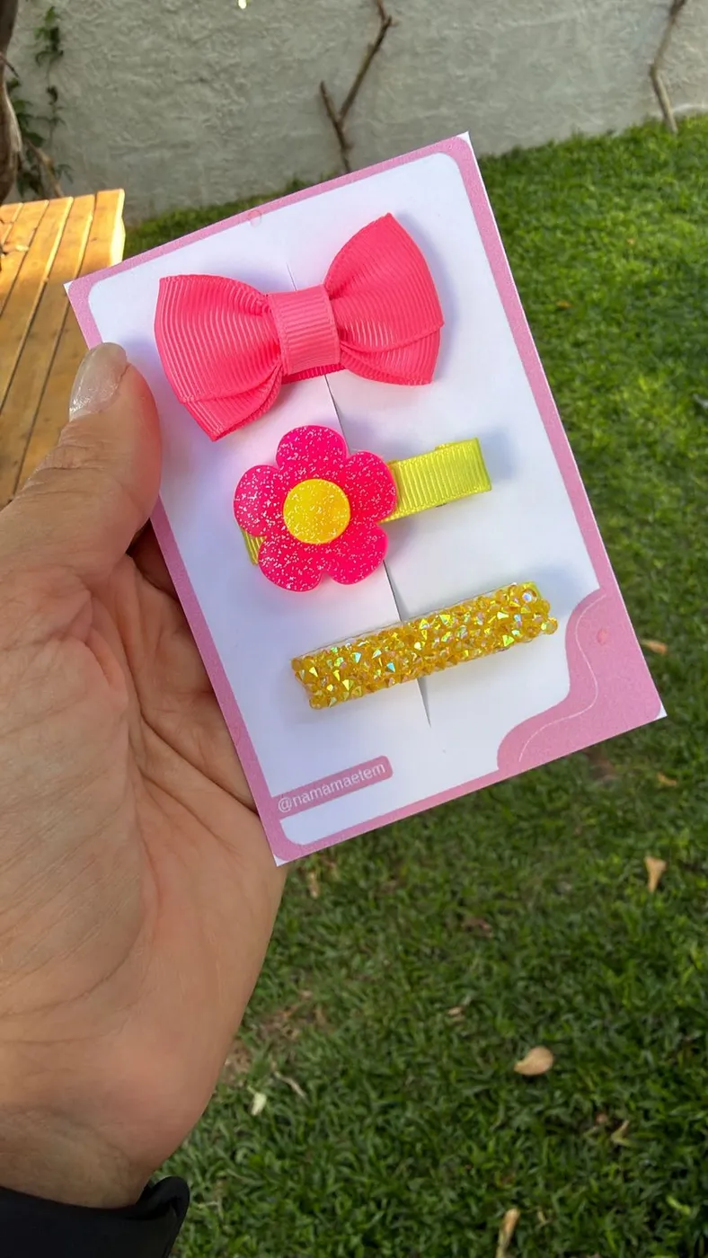 Kit Laço Pink com Hairclip Flor e Glitter Dourado