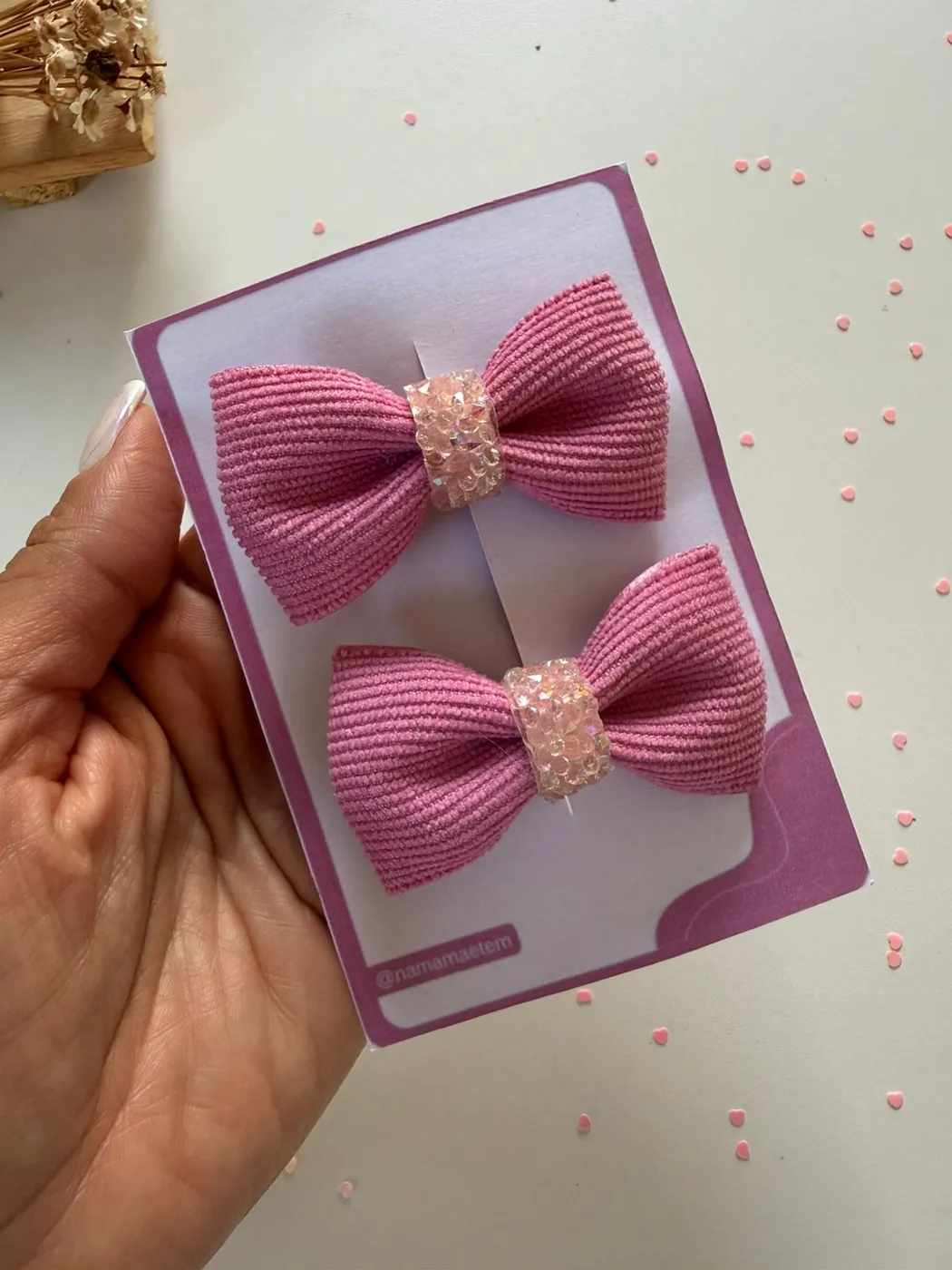 Parzinho Laço Canelado Rosa com Glitter