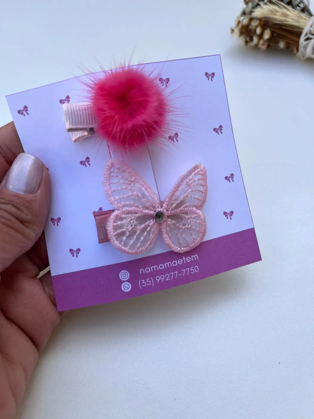Dupla Hairclip Pompom Pink e Borboleta Rosa