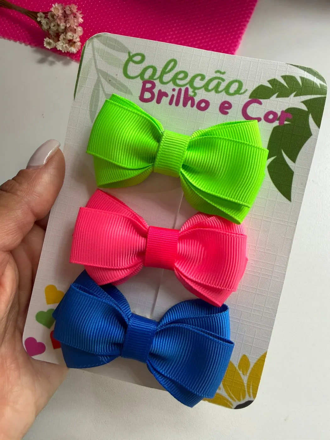 Trio de Laços Verde Neon, Pink e Azul Royal
