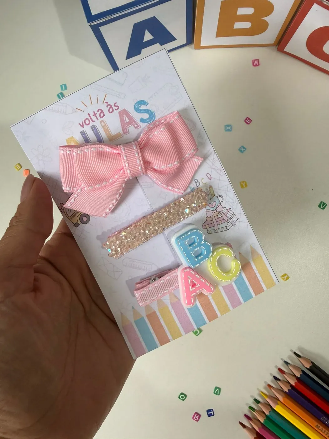 Kit Laço Rosa e Hairclips ABC